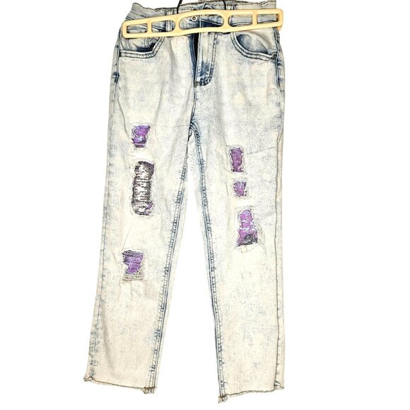 Justice Light Wash Distressed Mermaidcore sequin patch strait leg jeans size 8 - Picture 1 of 12